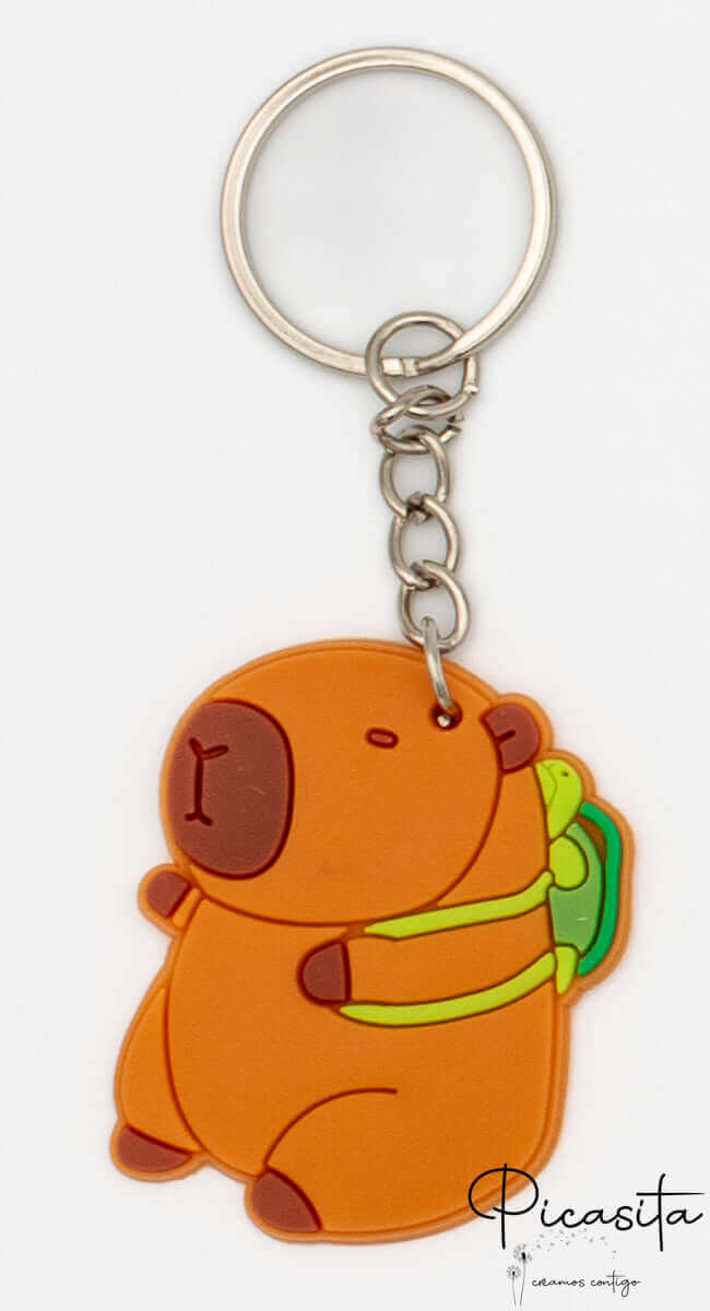 Llavero de capibara personalizado con nombre grabado en goma flexible sobre un fondo estético
