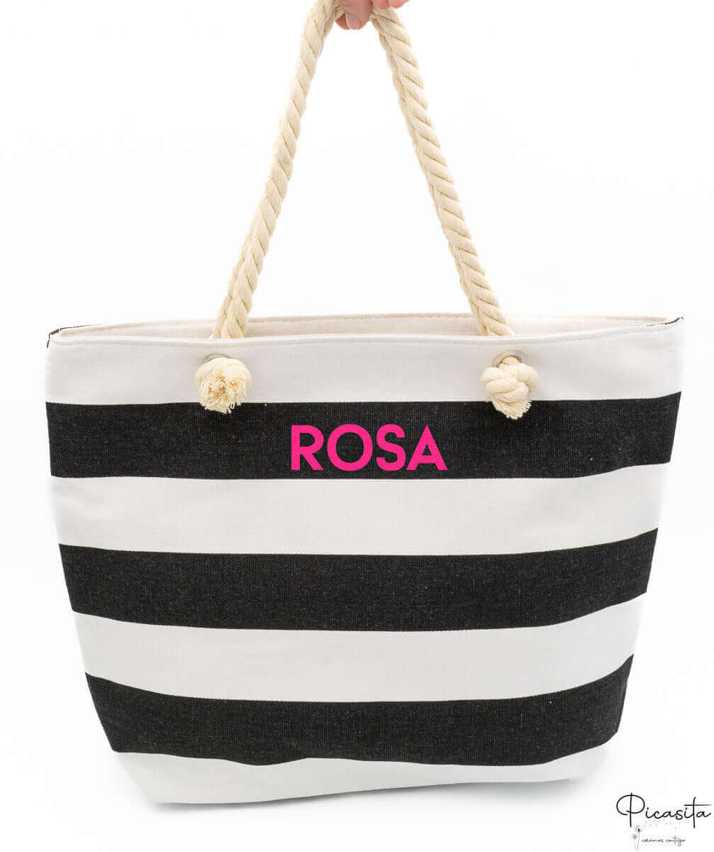Bolso Marinero Personalizado con rayas negras y detalle de iniciales en contraste