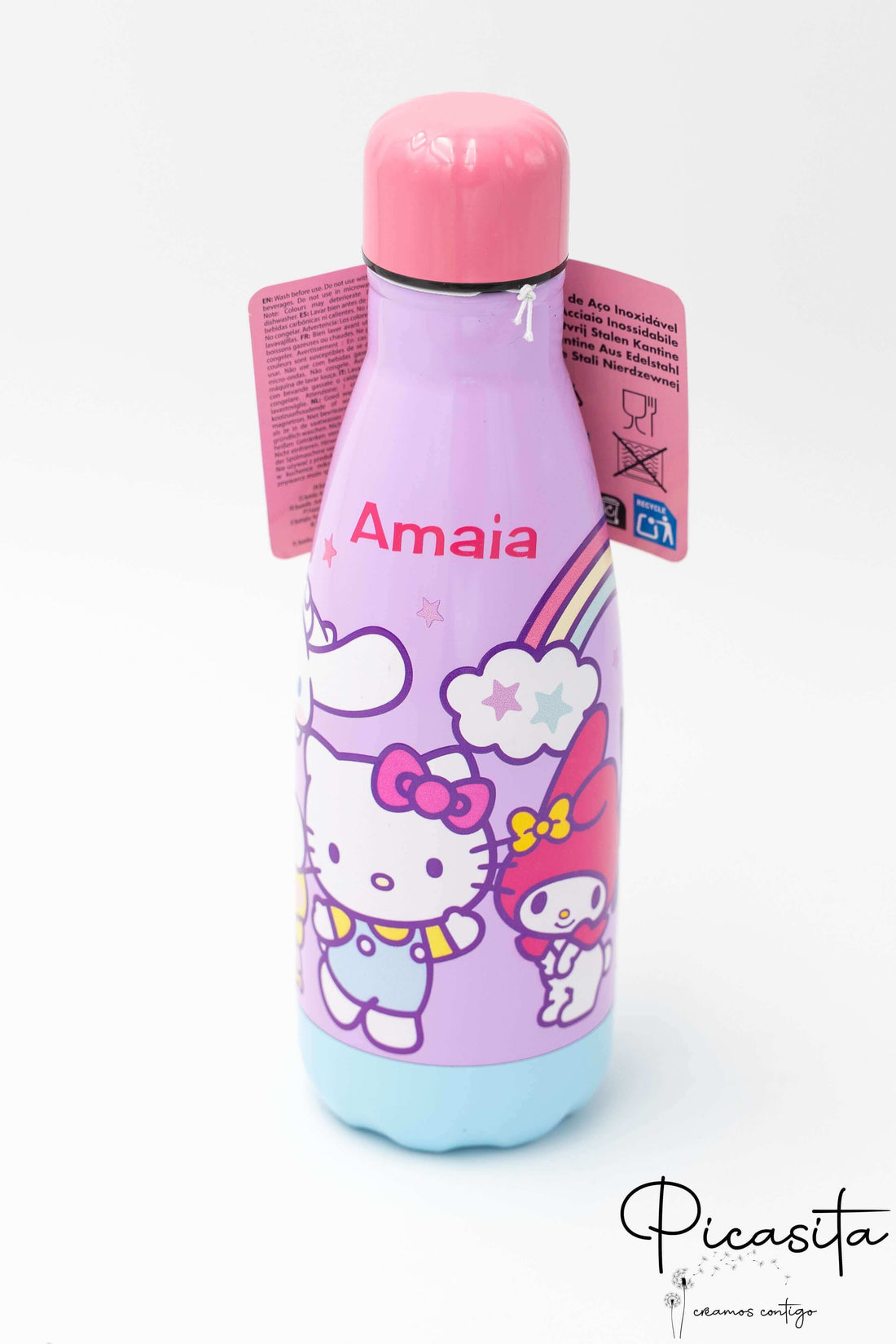 Botella de Kuromi y personajes de Sanrio con diseño panorámico y tapón ergonómico