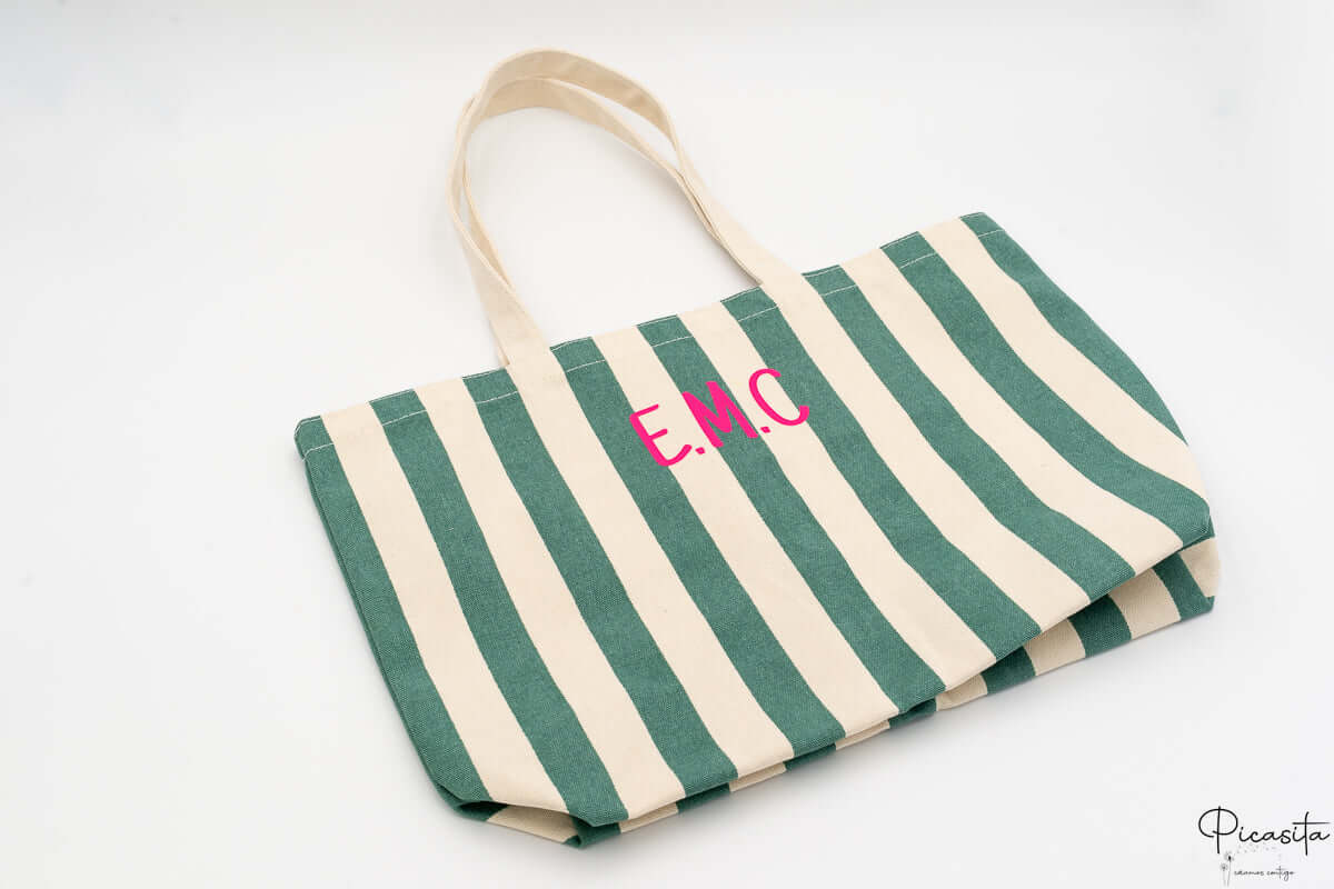 Tote bag de rayas para piscina y playa personalizable con iniciales en color flúor