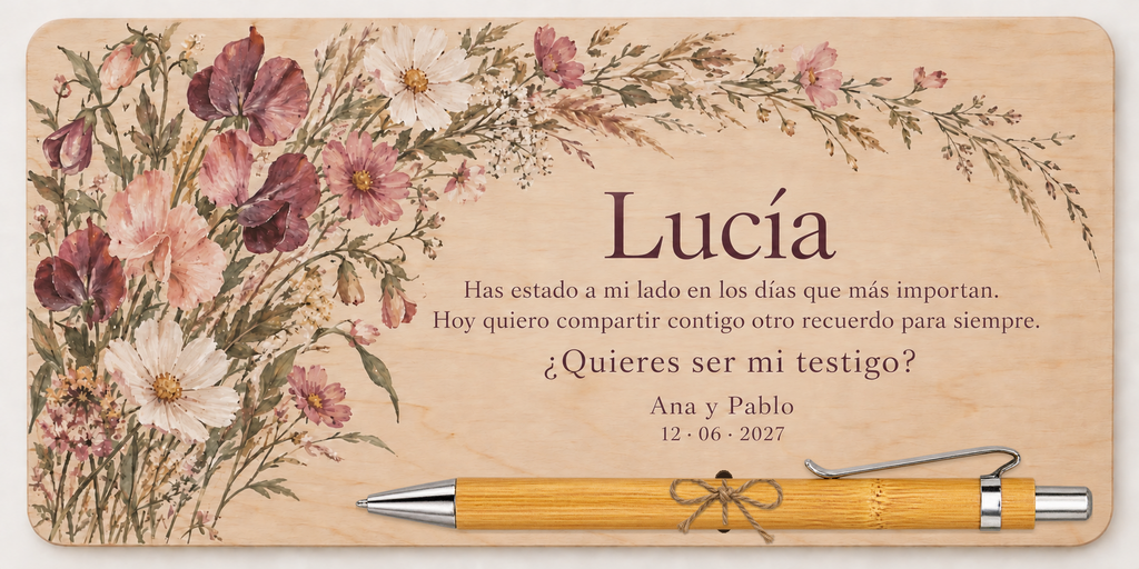 Plywood plaque printed in colour with wildflowers, the name Lucía and a bamboo pen