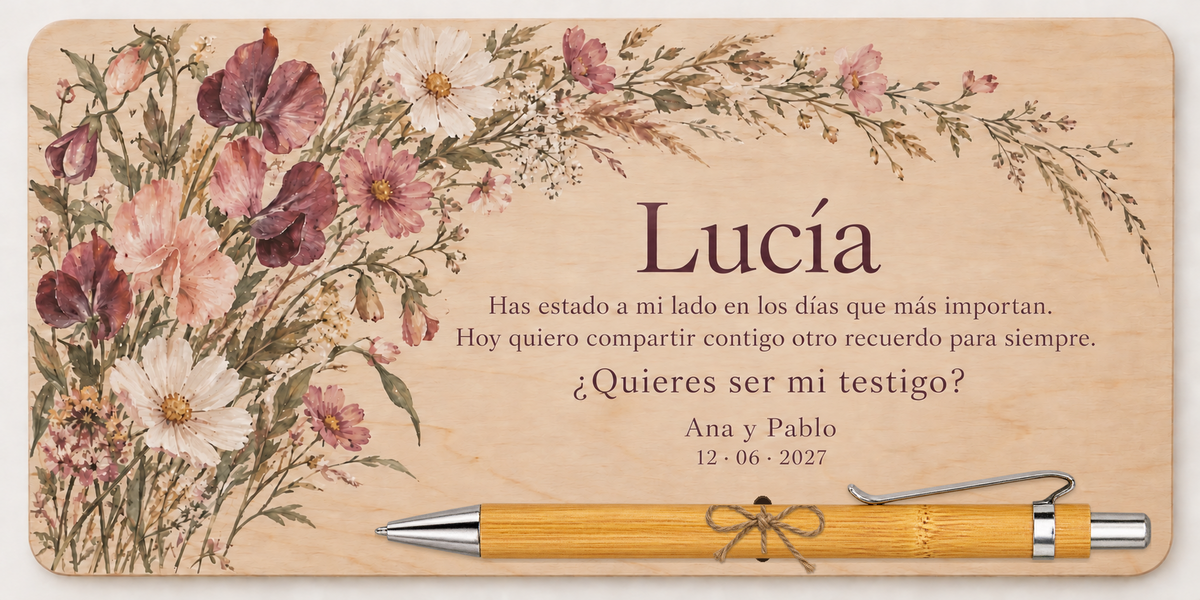 Plywood plaque printed in colour with wildflowers, the name Lucía and a bamboo pen