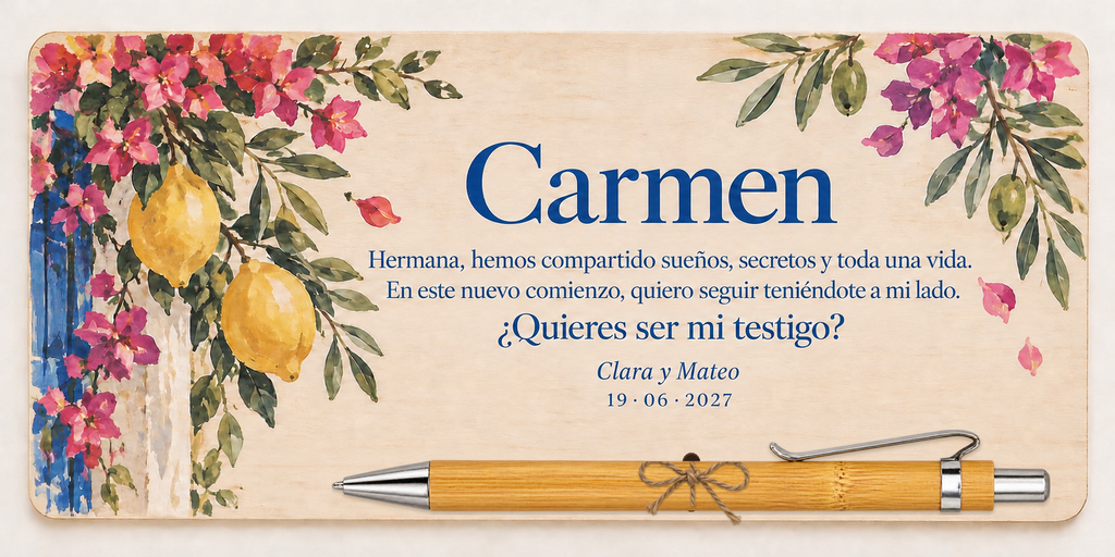 Plaque printed in colour with lemons and bougainvillea, the name Carmen and a bamboo pen