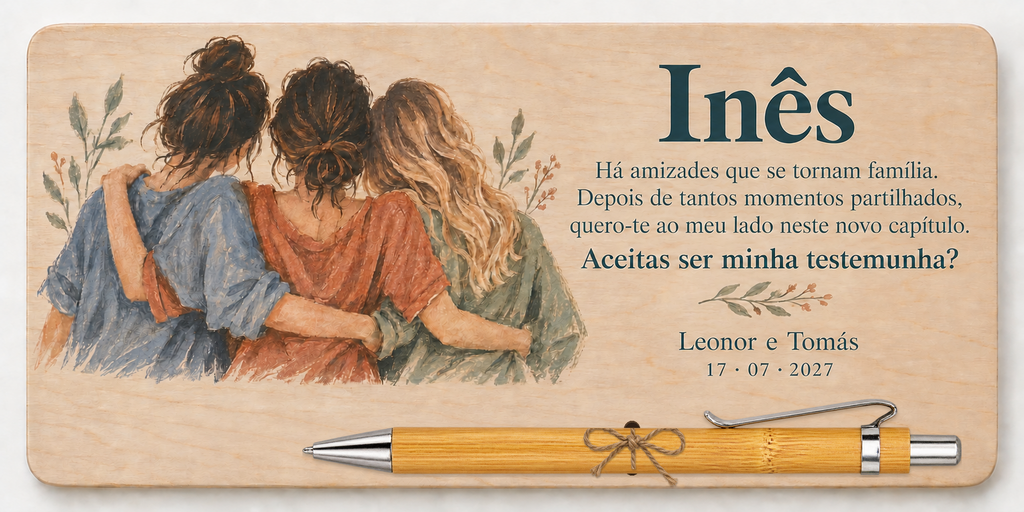 Plaque printed in colour with three friends hugging, the name Inês and a bamboo pen