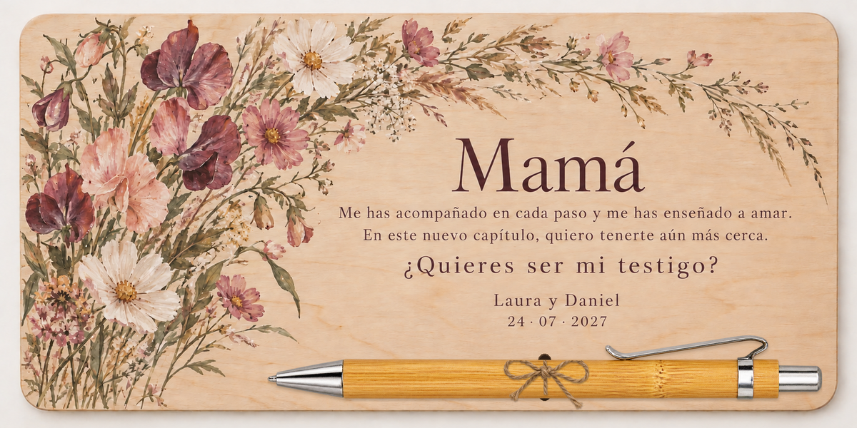 Plaque printed in colour with wildflowers, the text Mamá and a bamboo pen