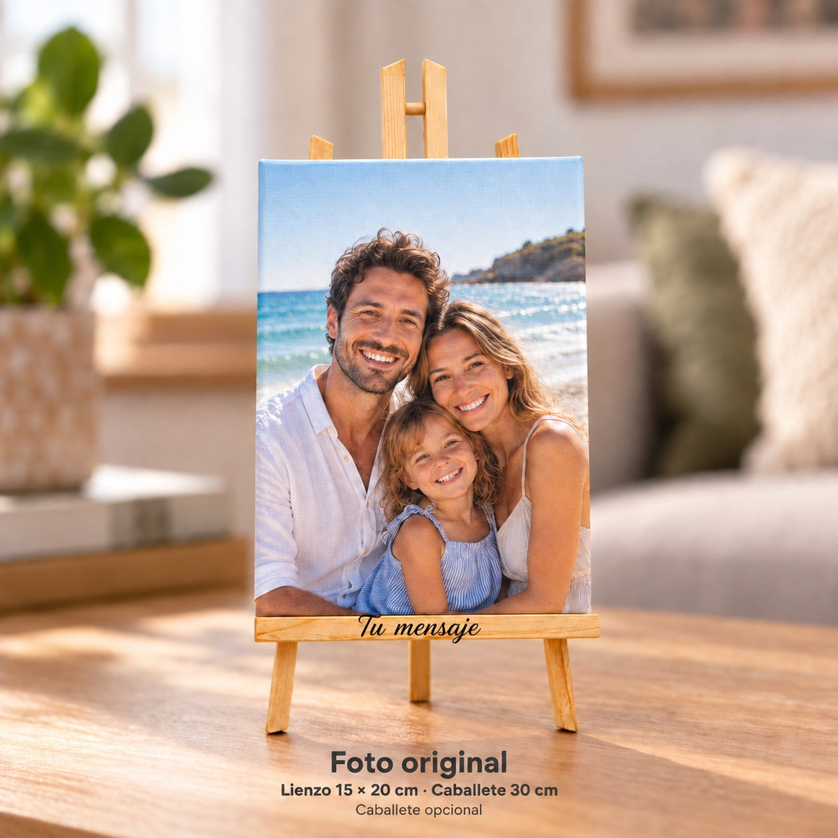 Foto original: simulación de lienzo 15 × 20 cm con caballete opcional de 30 cm y Tu mensaje en el travesaño. Misma foto de ejemplo.
