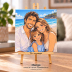 Family photo in manga style printed on a 20 × 20 cm canvas on a 30 cm easel
