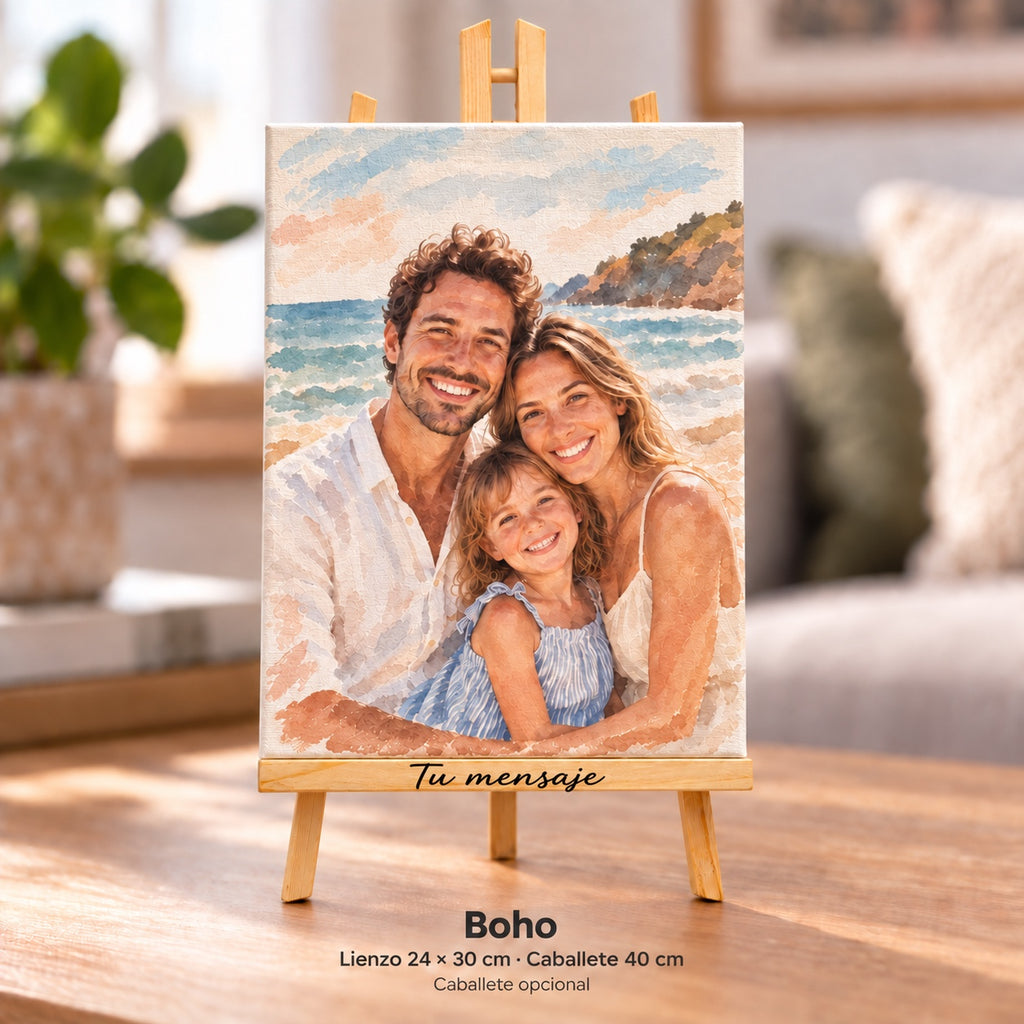 Family photo in boho style printed on a 24 × 30 cm canvas on a 40 cm easel