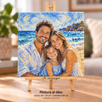 Family photo in oil painting style printed on a 30 × 30 cm canvas on a 40 cm easel