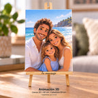 Family photo in 3D animation style printed on a 30 × 40 cm canvas on a 50 cm easel