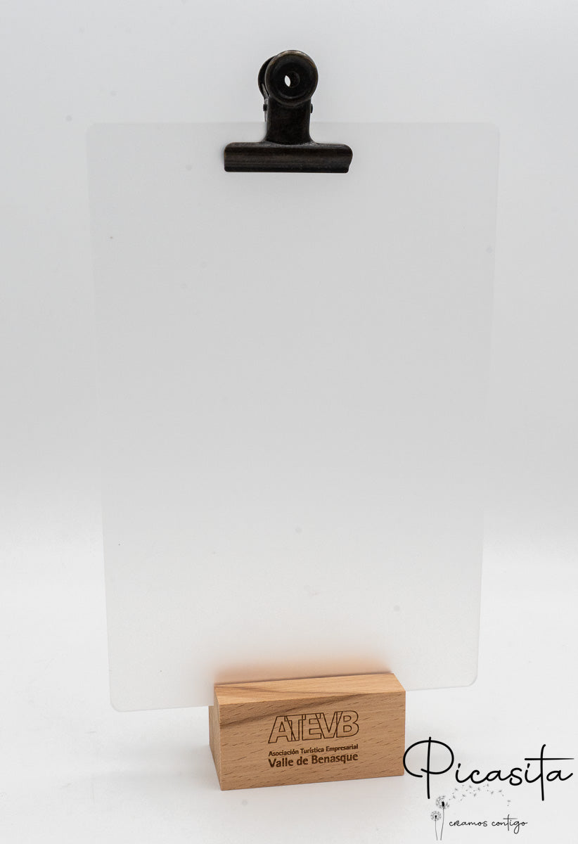 Desktop stand with beechwood base, clear acrylic plates and dark metal clip