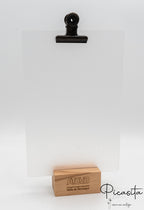 Desktop stand with beechwood base, clear acrylic plates and dark metal clip