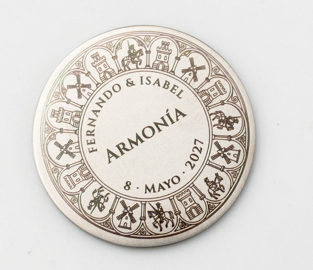 Castilian wedding coin engraved with castles, windmills and medieval knights.