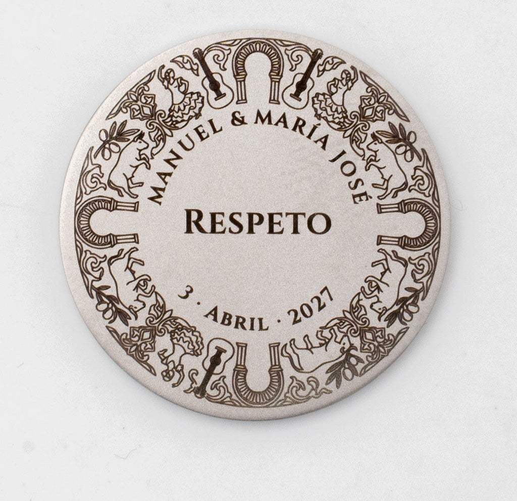 Andalusian wedding coin engraved with guitars, flamenco dancers and horseshoe motifs