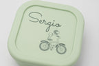 Tupper mediano verde claro personalizado con nombre y bicicleta