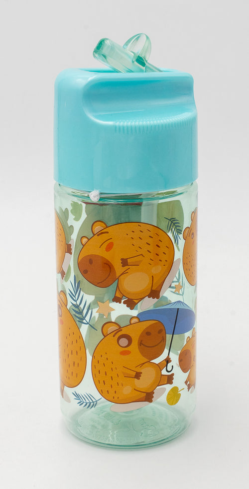 Clear polypropylene bottle with capybara designs and blue cap with flip-up spout
