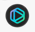 Round black coaster with a blue and green geometric emblem.
