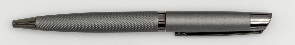 Grey metal pen with a smooth upper section and diagonal line barrel pattern.