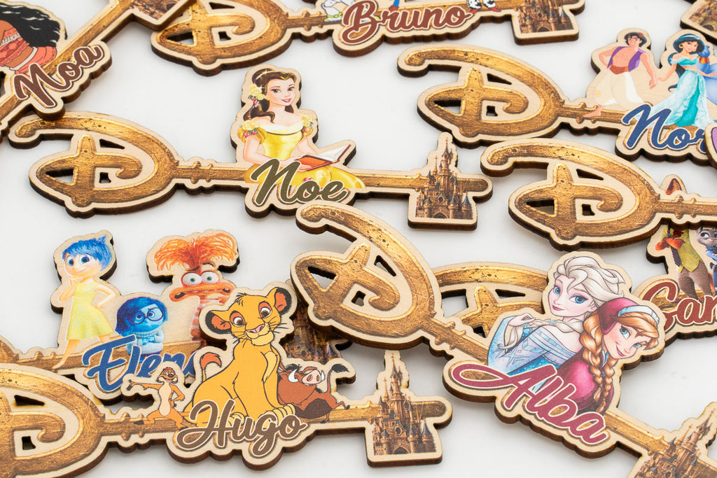 Close-up of Disney keys with integrated names and colourful characters