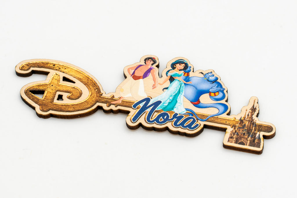 Close-up of a key with a personalised name and Aladdin design