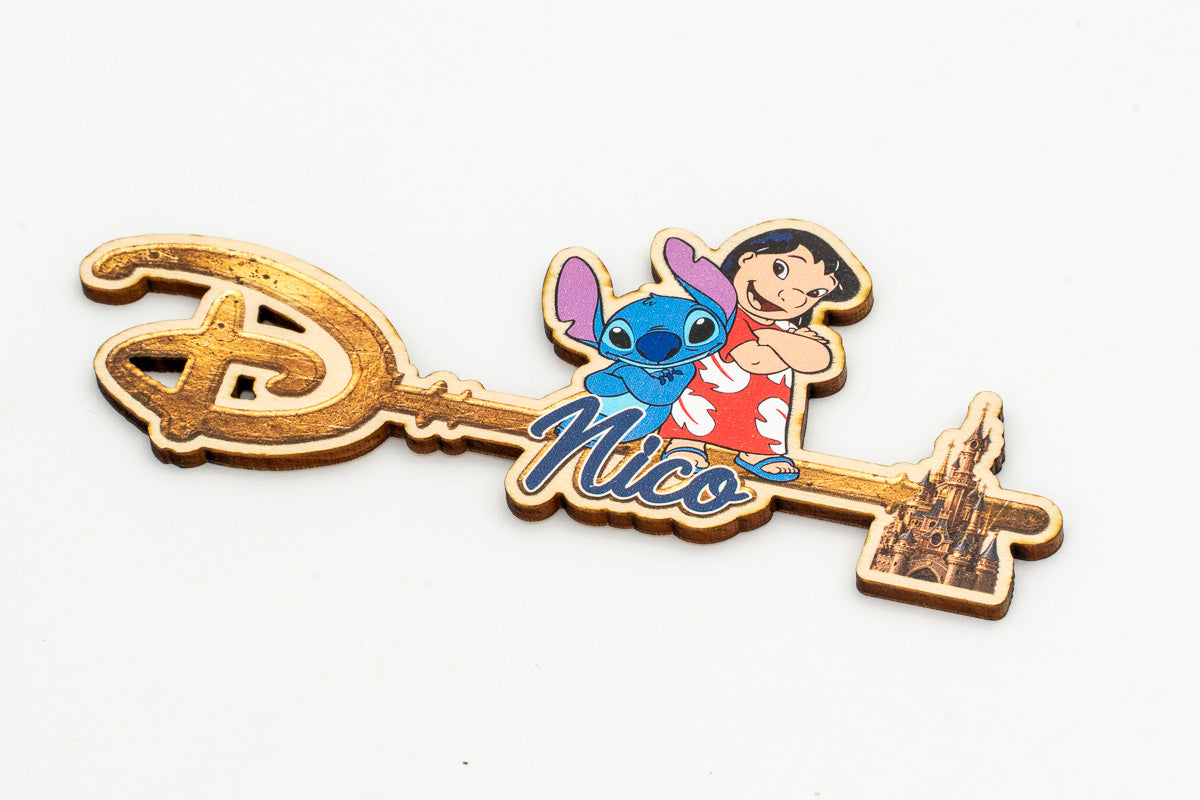 Disney key with a personalised name and Lilo and Stitch characters