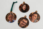 Four flat ornaments with individual photographs against a Christmas background.