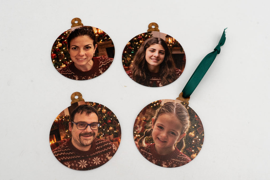 Four circular ornaments with portraits and Christmas jumpers.