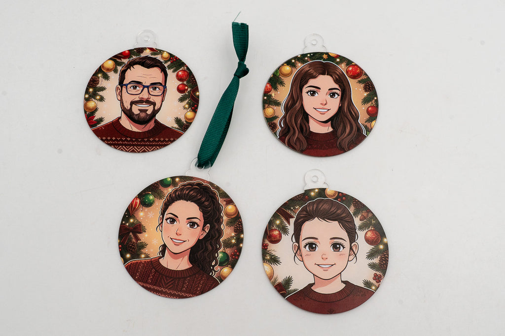 Four clear ornaments with manga-style portraits and Christmas decorations.