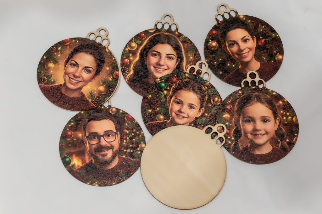 Circular wooden ornaments with photographic Christmas portraits and one piece shown from the back.
