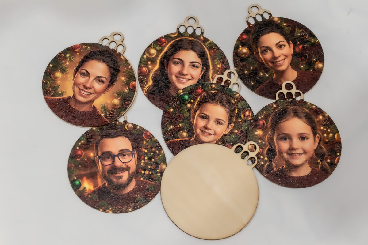 Circular wooden ornaments with photographic Christmas portraits and one piece shown from the back.