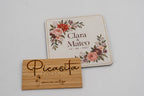 Square white coaster with flowers, Clara and Mateo.