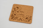 Square cork coaster with engraved flowers, Jaime and Cristina.