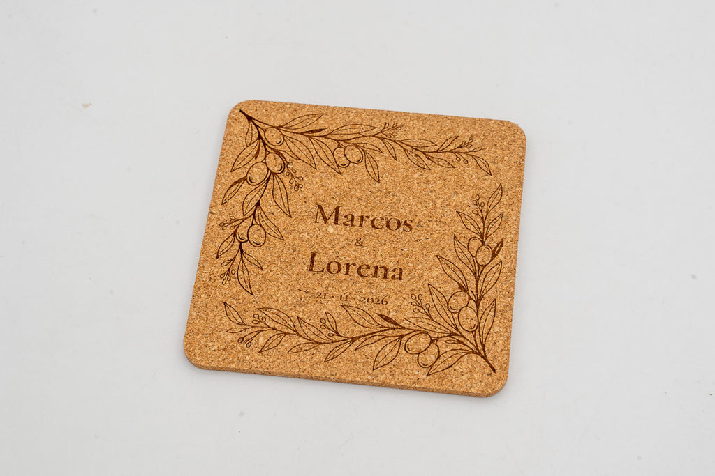 Square cork coaster with a leaf border, Marcos and Lorena.