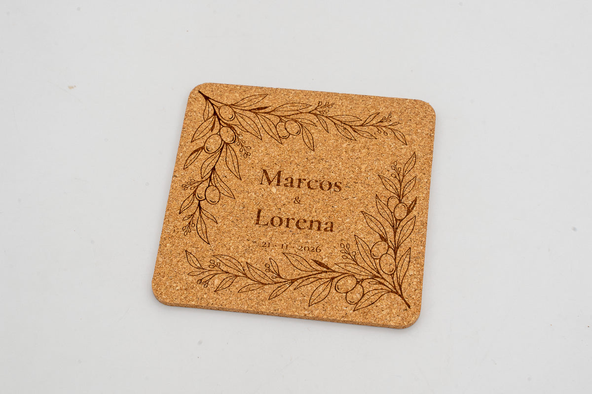 Square cork coaster with a leaf border, Marcos and Lorena.