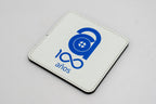 Square white coaster with a blue centenary logo.