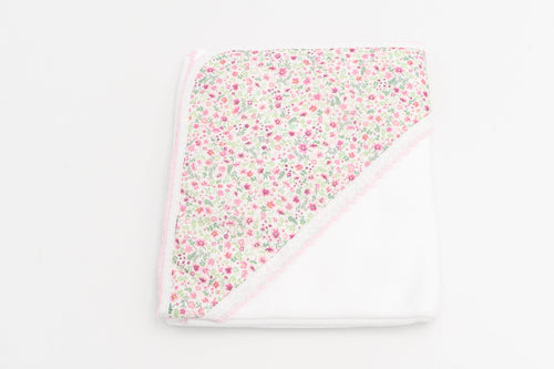 Pink baby swaddle blanket, folded, with a pink floral hood and pink lace trim.
