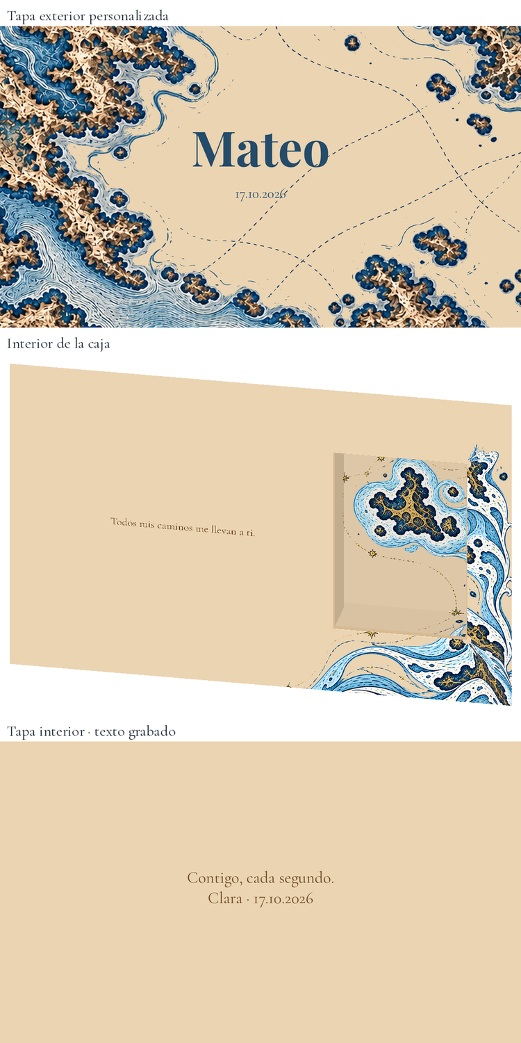 Digital preview: Personalised watch box for the groom — Atlas náutico. 24 × 16 cm wooden box; watch not included.