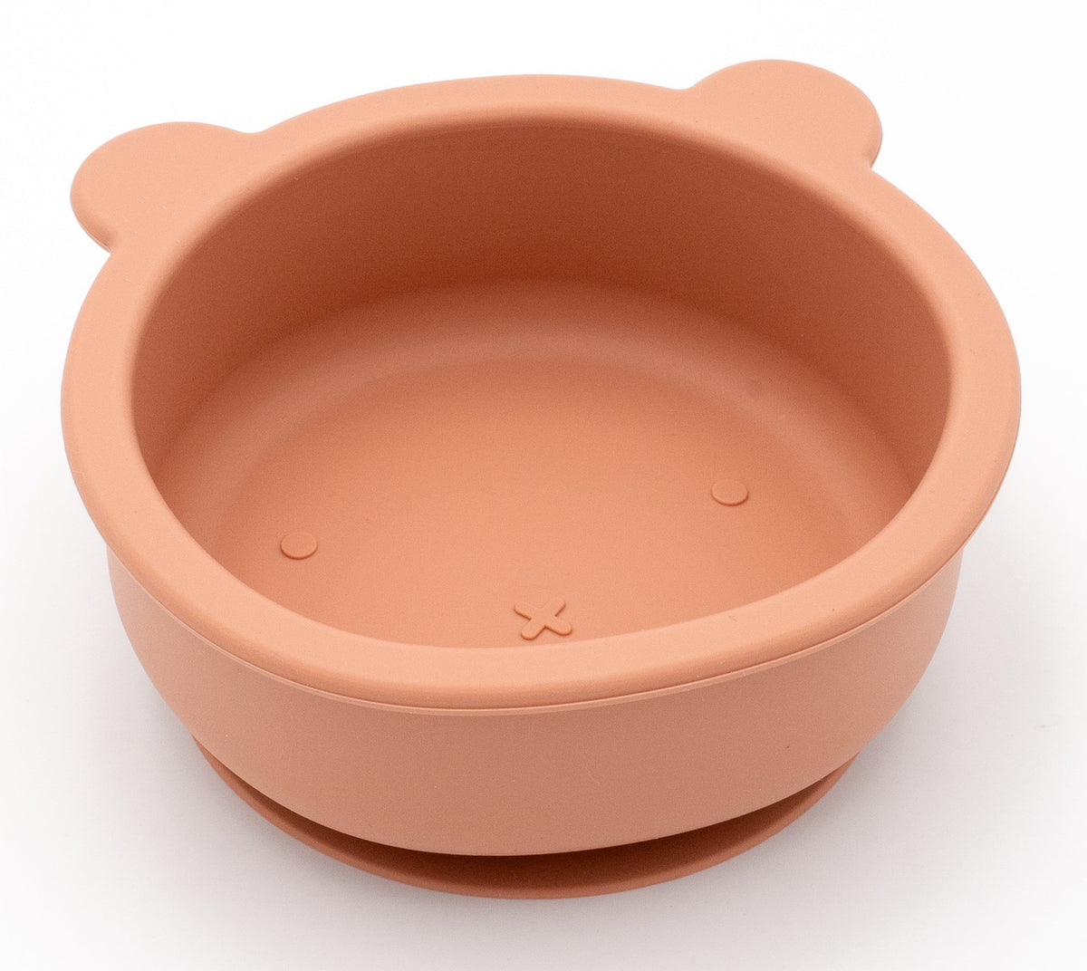 Clay-coloured bear-shaped silicone bowl with integrated suction base