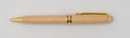 Pale wooden pen without a cap, with a gold-coloured tip and clip and black rings.