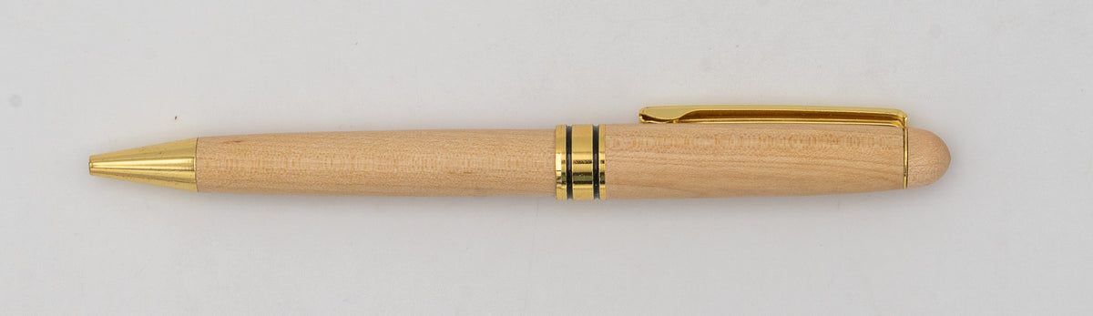 Pale wooden pen without a cap, with a gold-coloured tip and clip and black rings.