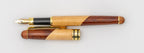 Two-tone wooden fountain pen with its cap removed and its nib visible.
