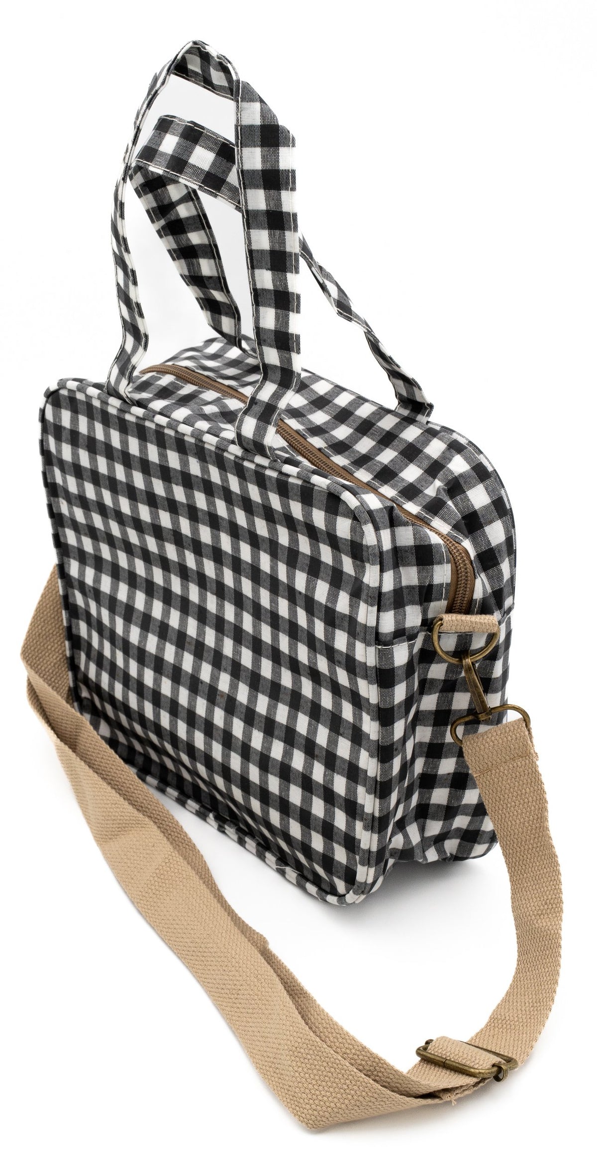Black gingham change bag with shoulder strap, side view