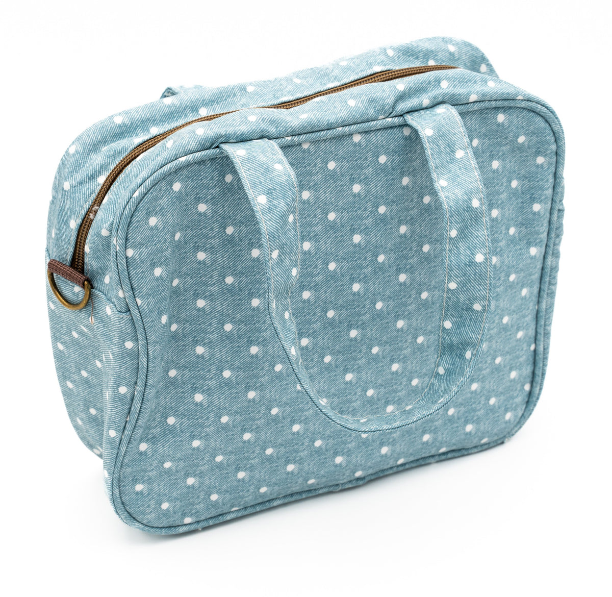 Blue change bag with white polka dots