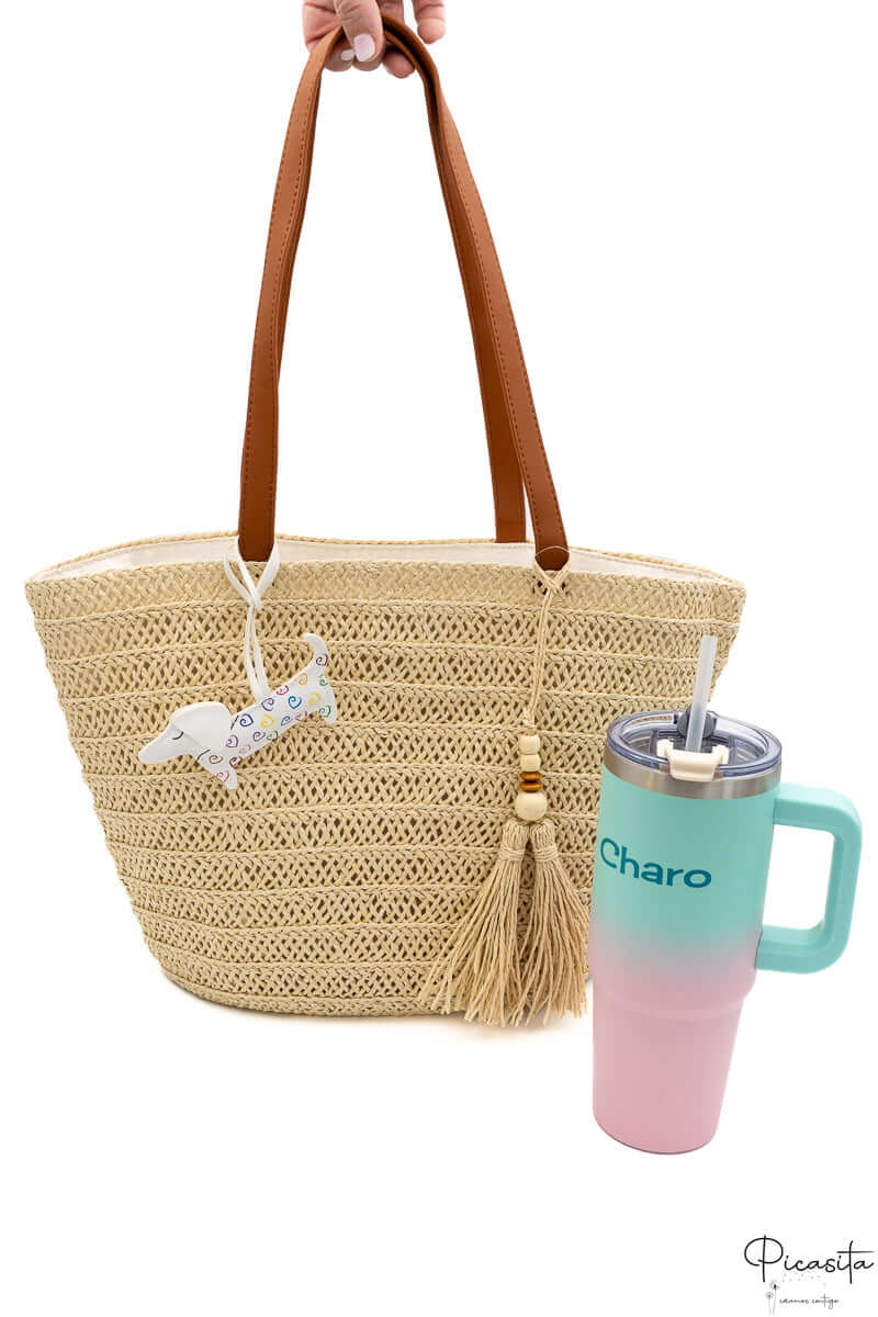 Bolso de Playa con Cremallera Marron Borlas