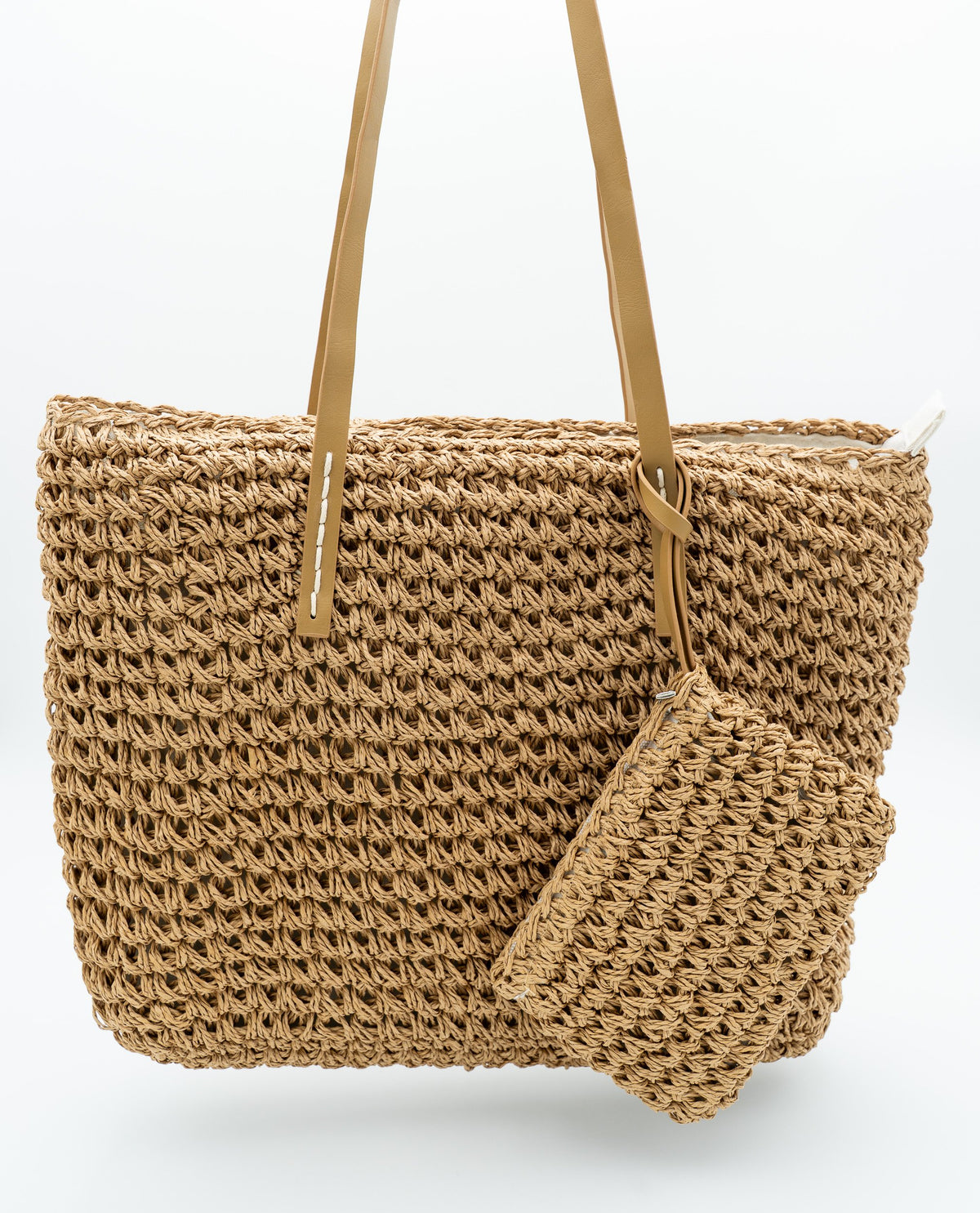 Rectangular brown woven-fibre bag with PU leather handles and a hanging mini pouch.