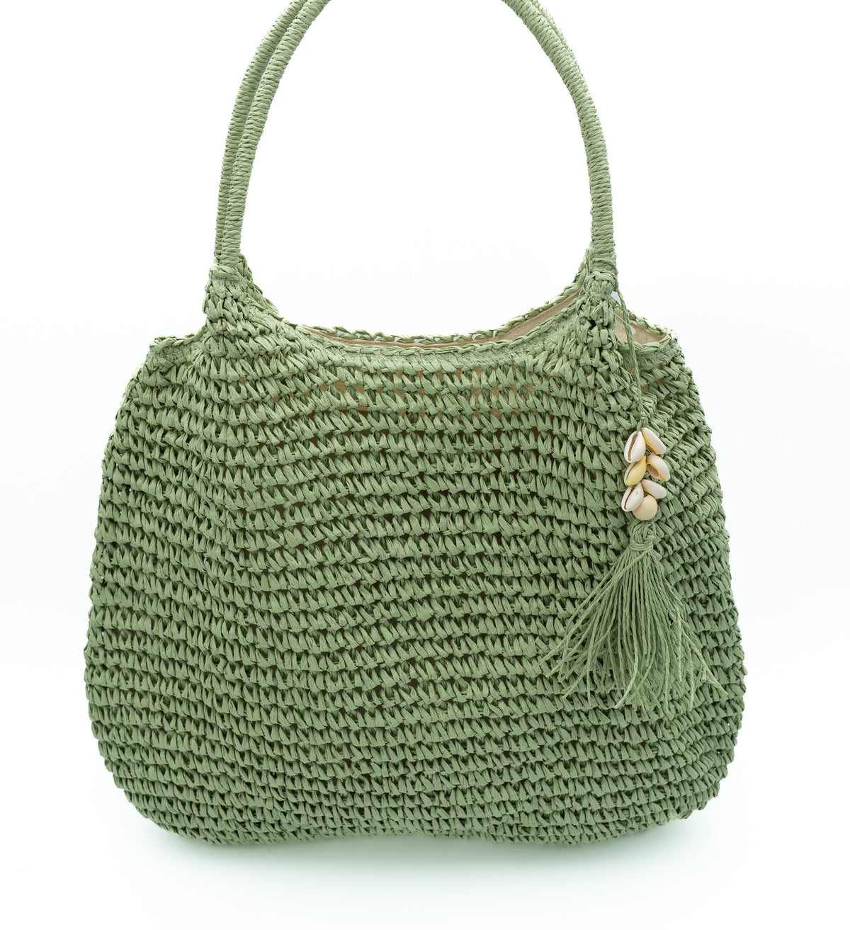 Green fringed beach bag with a zip