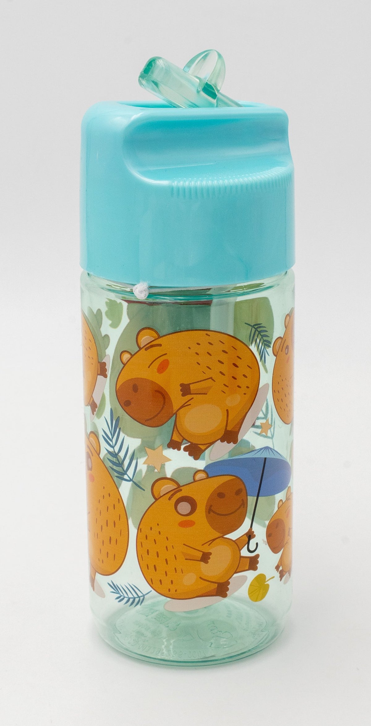 Clear polypropylene bottle with capybara designs and blue cap with flip-up spout
