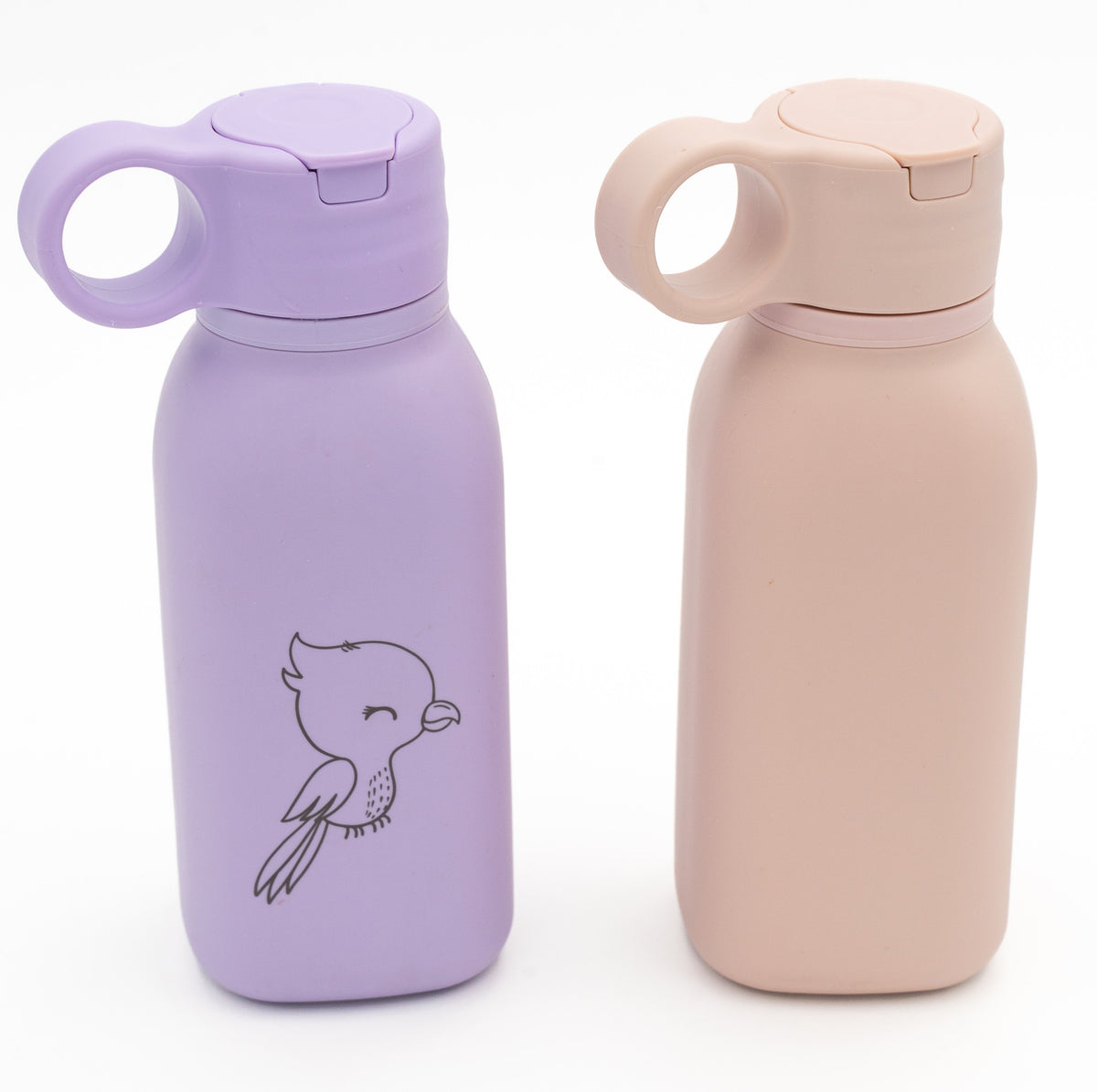 Backs of two lilac and pink bottles with engraved pictures