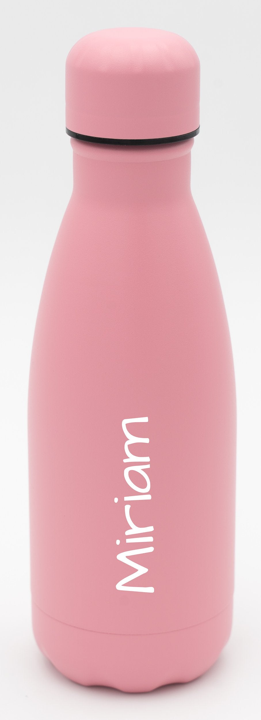 Pink 350 ml insulated bottle with the name Miriam engraved vertically