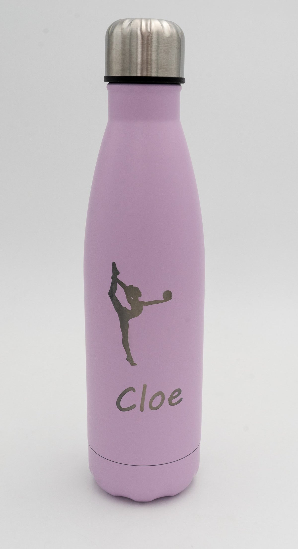 Lilac insulated bottle engraved with a gymnast silhouette and the name Cloe